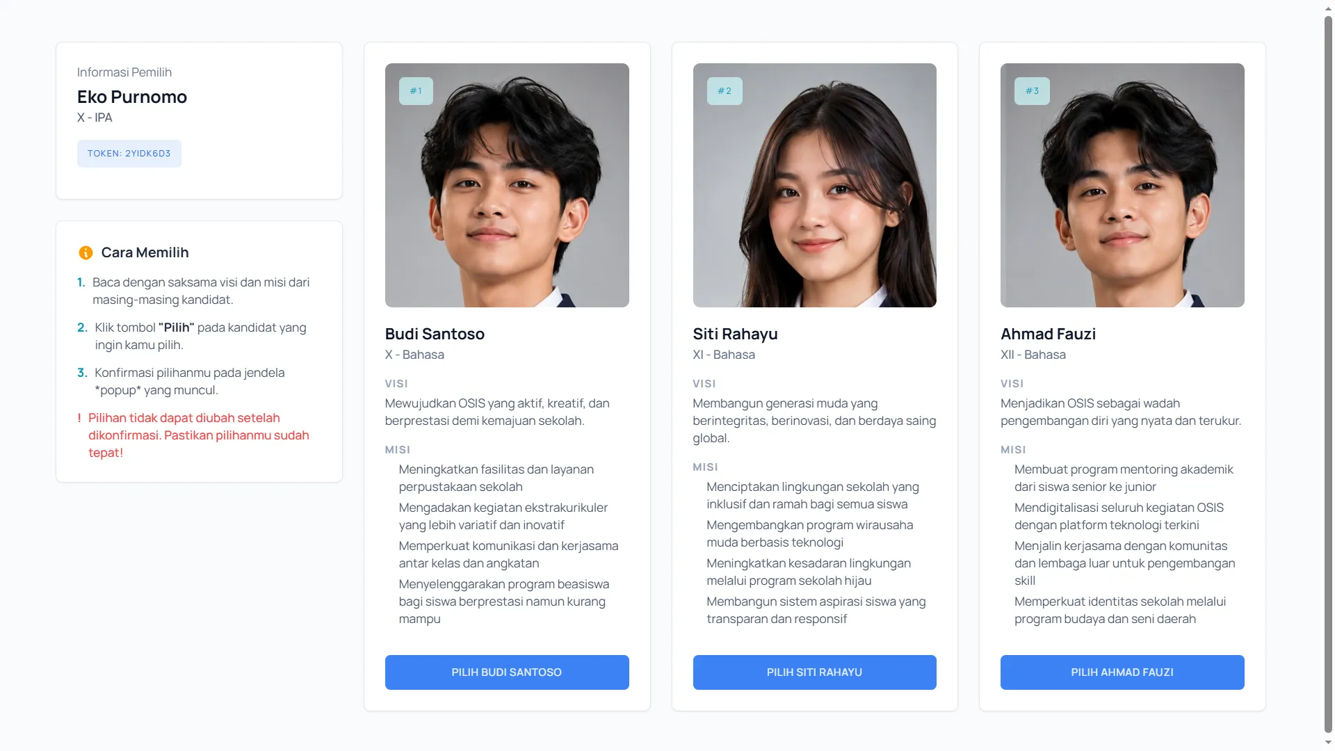 Halaman voting Ruang Suara menampilkan kandidat OSIS dengan profil, visi, dan misi